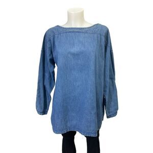 GENE Ewing Bis Wrinkled Rich Denim Blue Boat Neck Longsleeve Top sz P Vintage‎
